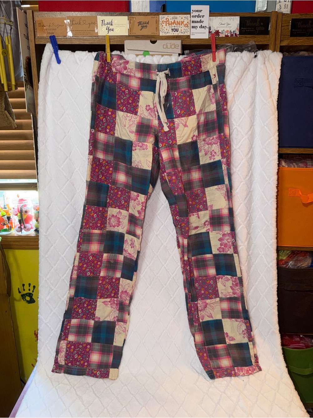 aerie Patchwork Plaid Lounge Pants in Pink, Teal & Cream
